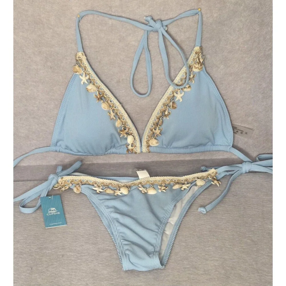 CUPSHE Womens 2pc Bikini Light Blue Ribbed Sz XL Starfish Trim Tie Side NWT